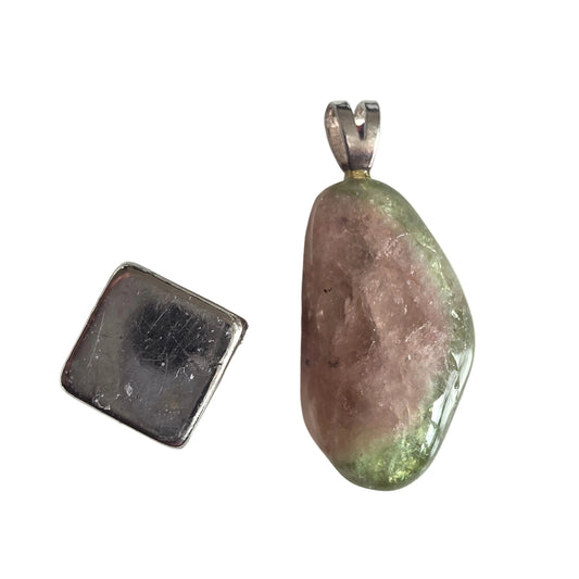 Watermelon tourmaline pendant in silver with heart healing and emotional balance energy.