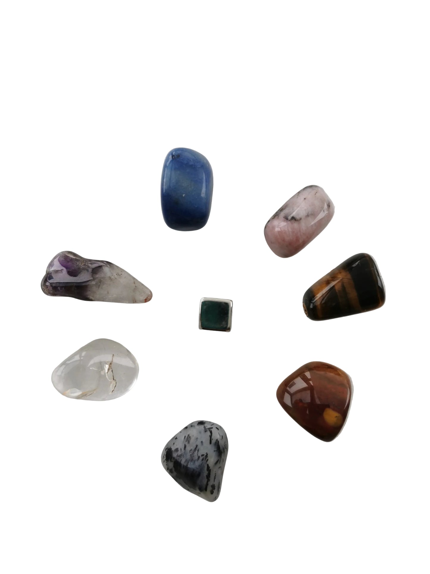 Chakra Sæt - 7 Chakra (Merlinit, Mookait, Tigerøje, Jordbærkvarts, Kvarts Blå, Ametyst og Bjergkrystal)
