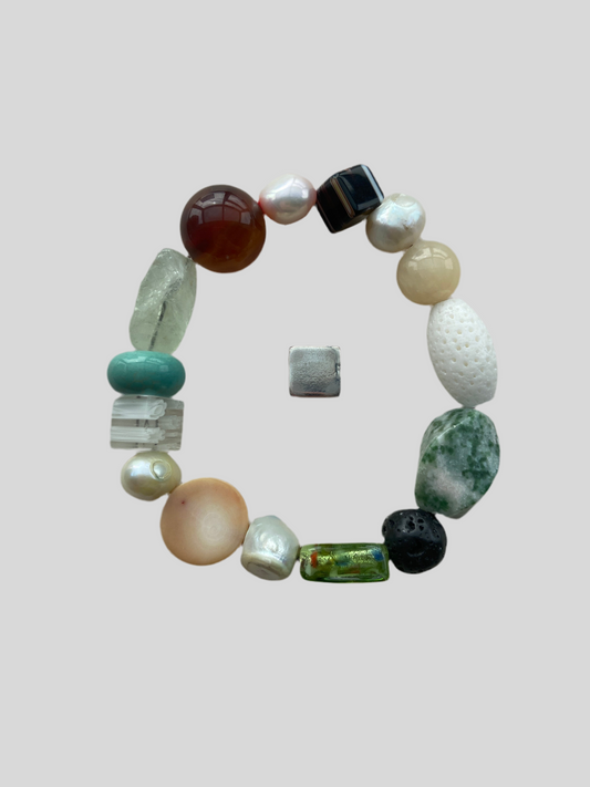 Agat træ, karneol, ferskvandsperler armbånd 18 cm