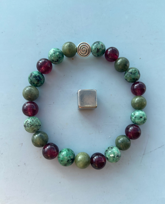 Jaspis Drageblod, granat og grøn jade – krystalkombination for styrke og hjertebalance.