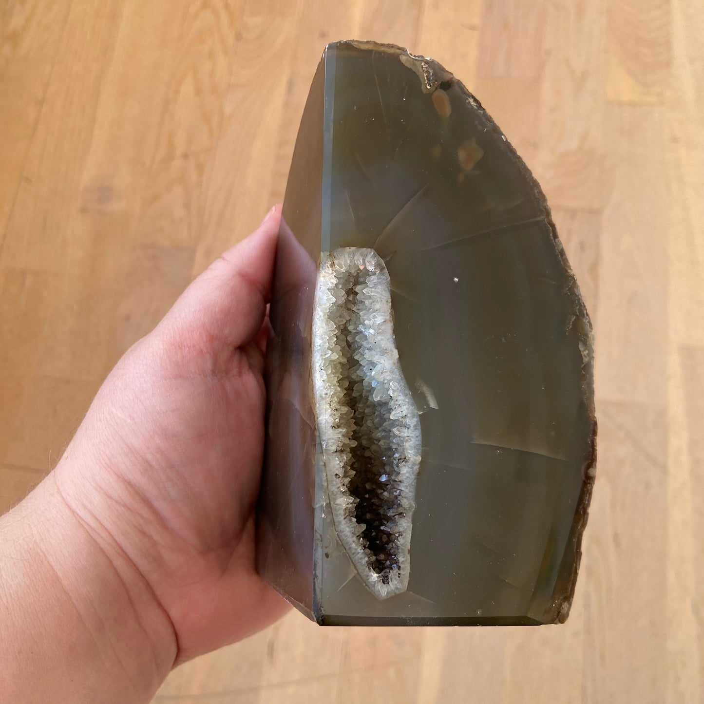Natural agate geode bookend set with raw crystal interior.