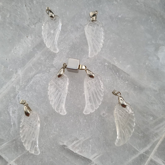 Rock crystal angel wing pendant