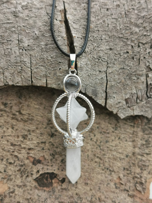 Rock crystal pendant w/merkaba and point