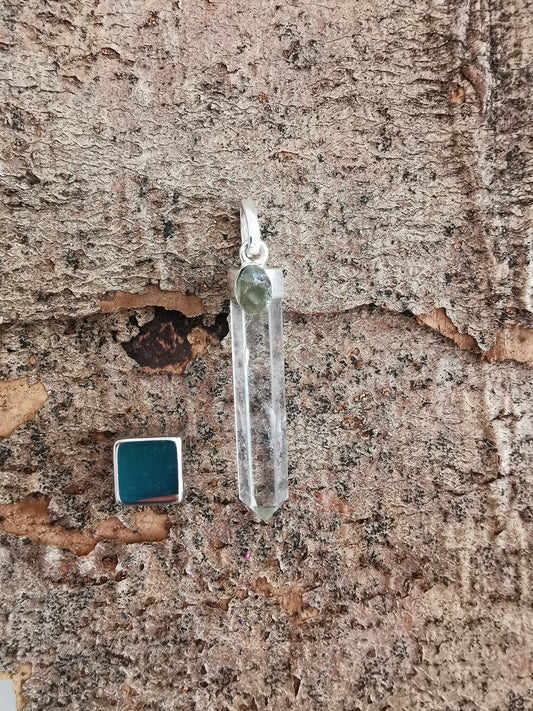 Rock crystal w/ Moldavite pendant