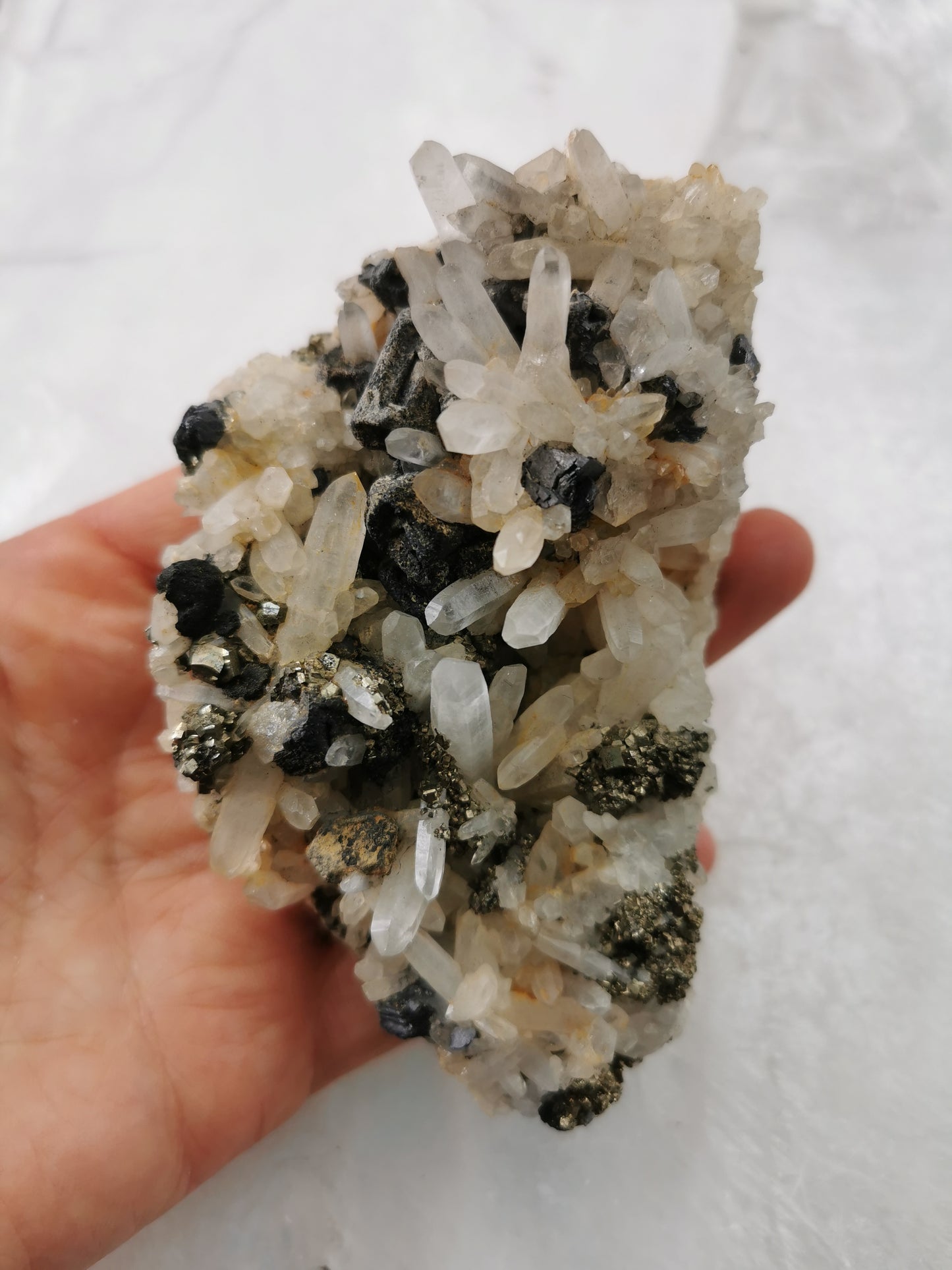 Rock crystal w/ Pyrite and Hematite